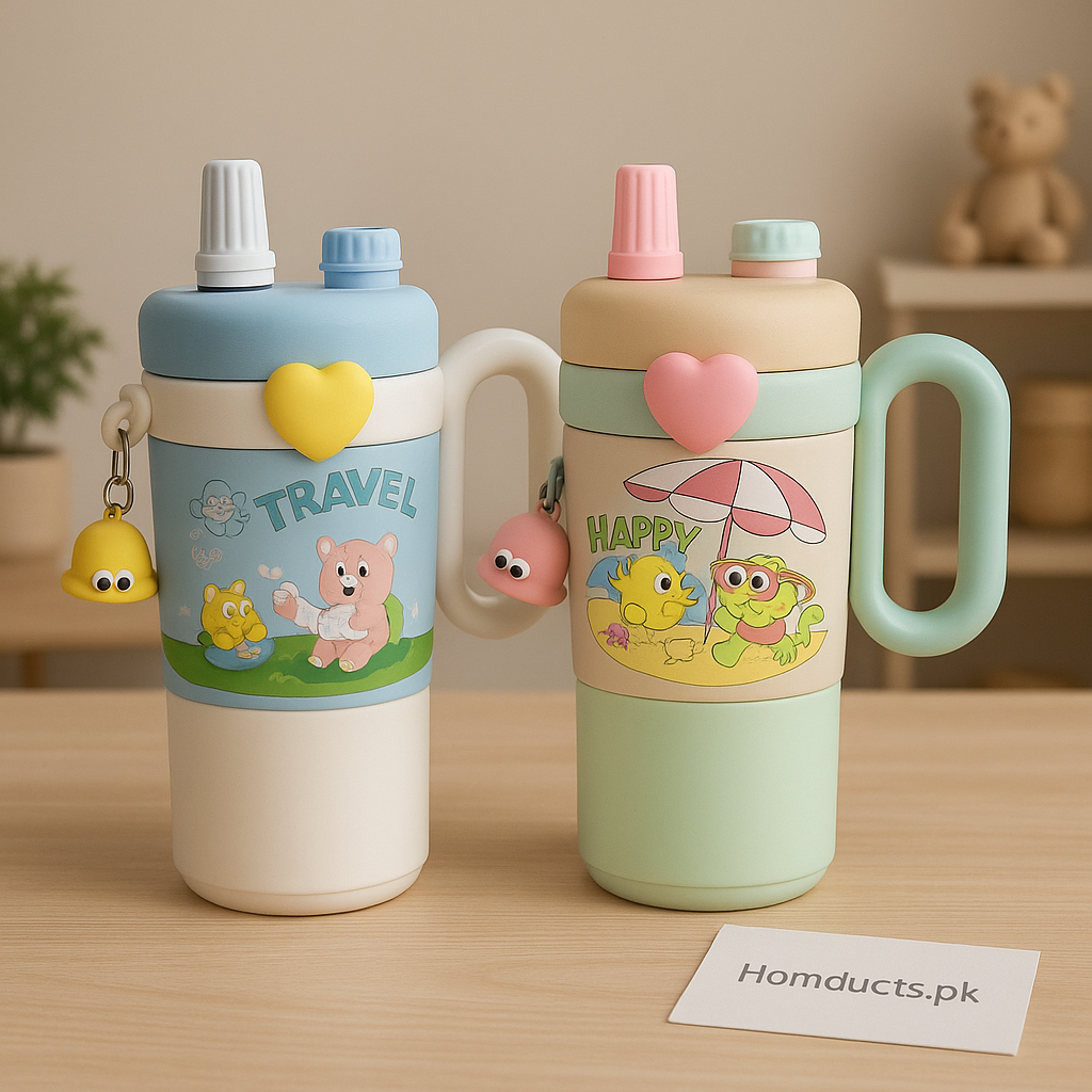 Kawaii Kids Double-Handle Tumbler – Cute Cartoon Bottle with Straw & Charm (500ml)