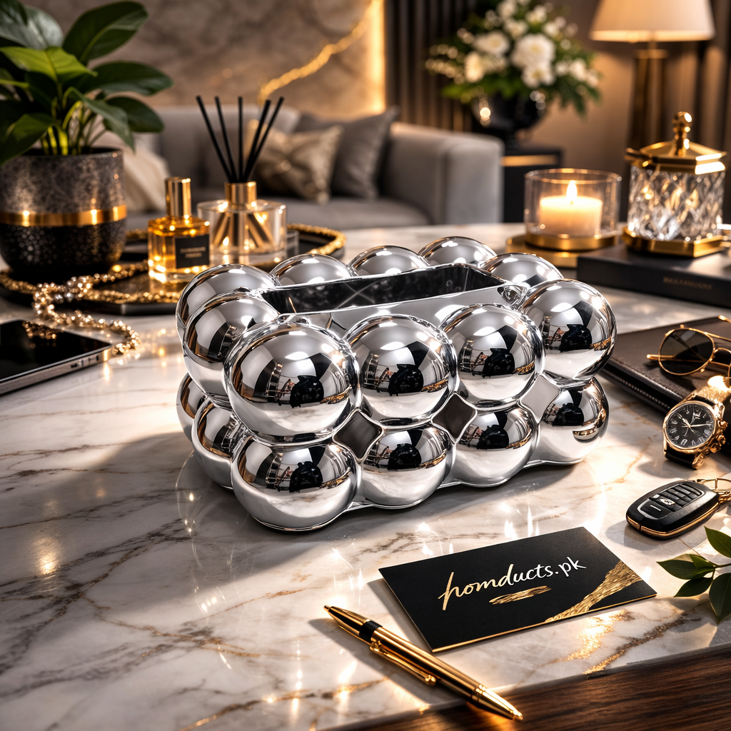 Luxury Chrome Bubble Tissue Box Cover with Decorative Bow