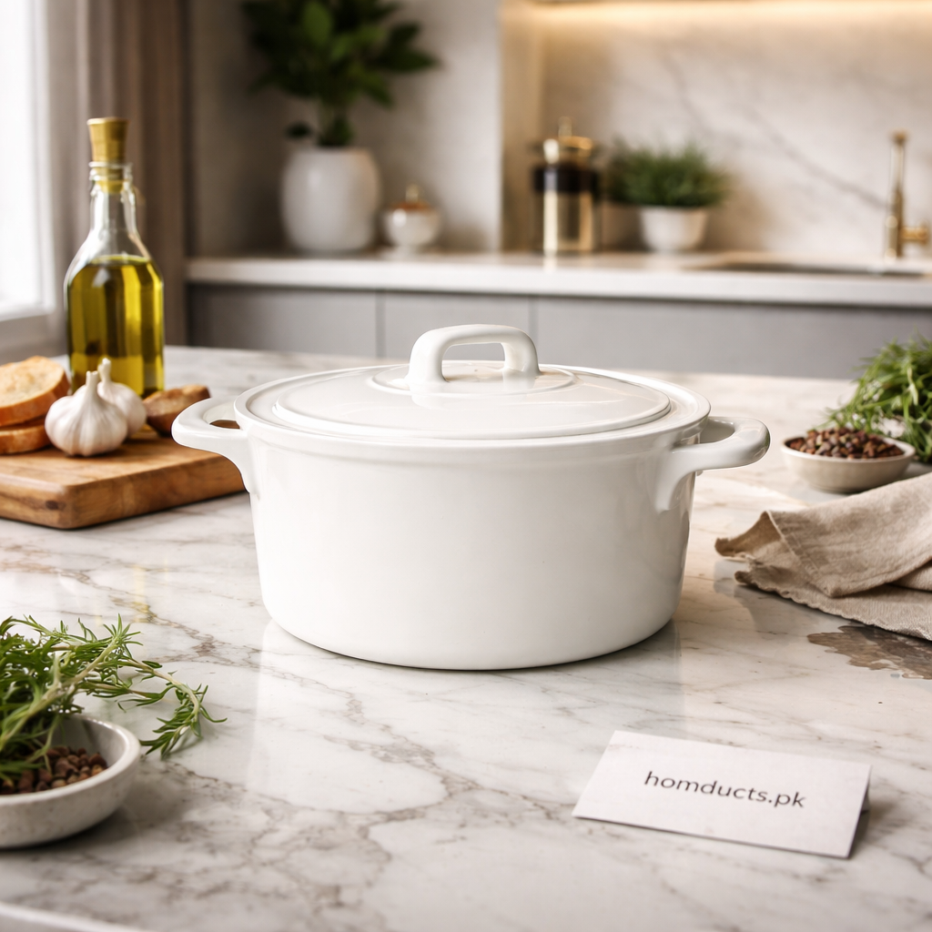 Danny Home White Cast Iron Dutch Oven with Lid – Premium Casserole Pot for Cooking & Serving