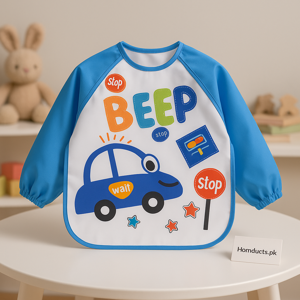 Kids Waterproof Feeding Bib with Sleeves – Car Print | Easy-Clean, Spill-Proof Apron for Toddlers