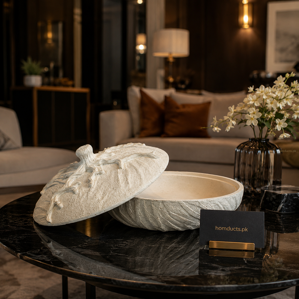 Luxury Textured Resin Decorative Bowl with Lid – Premium Modern Centerpiece Storage Tray for Coffee Table & Living Room Décor