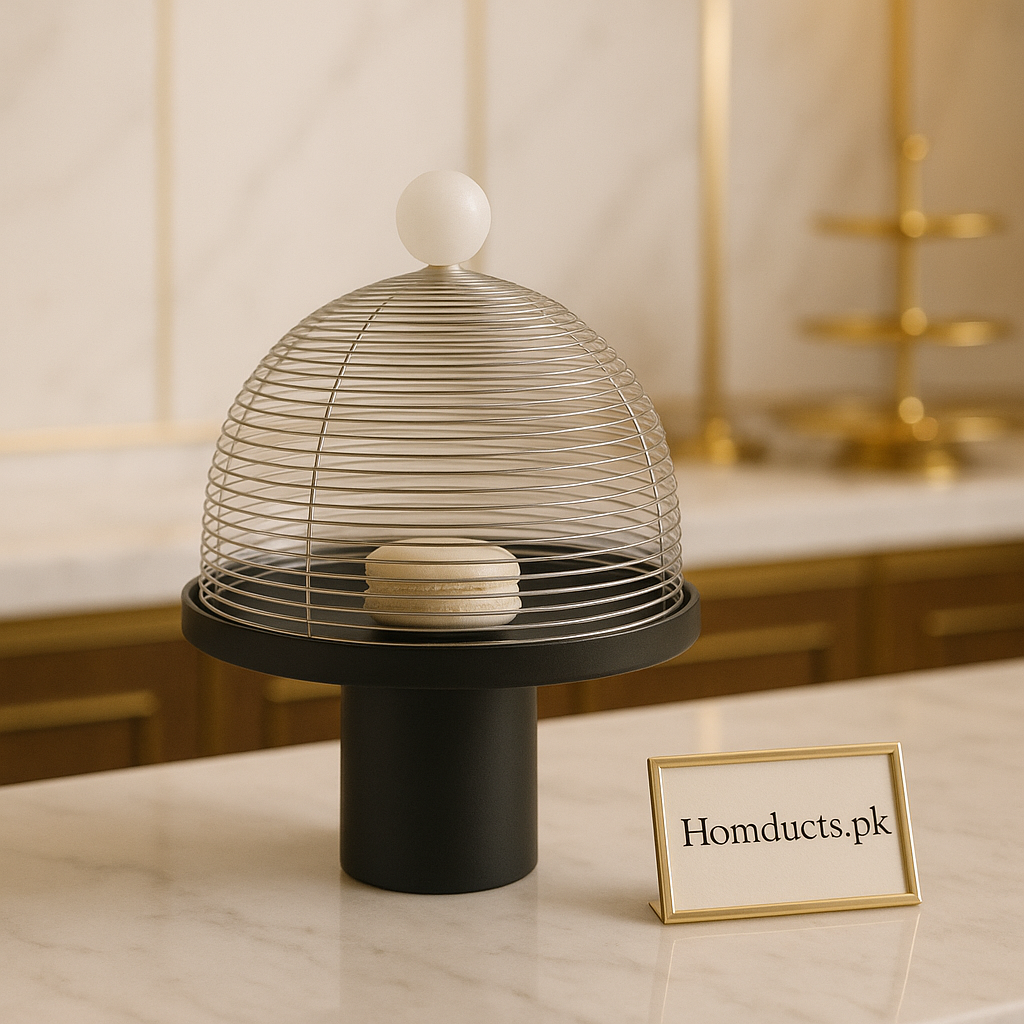 Luxe Dome Dessert Display Stand – Matte Black Base with Wire Cloche Cover