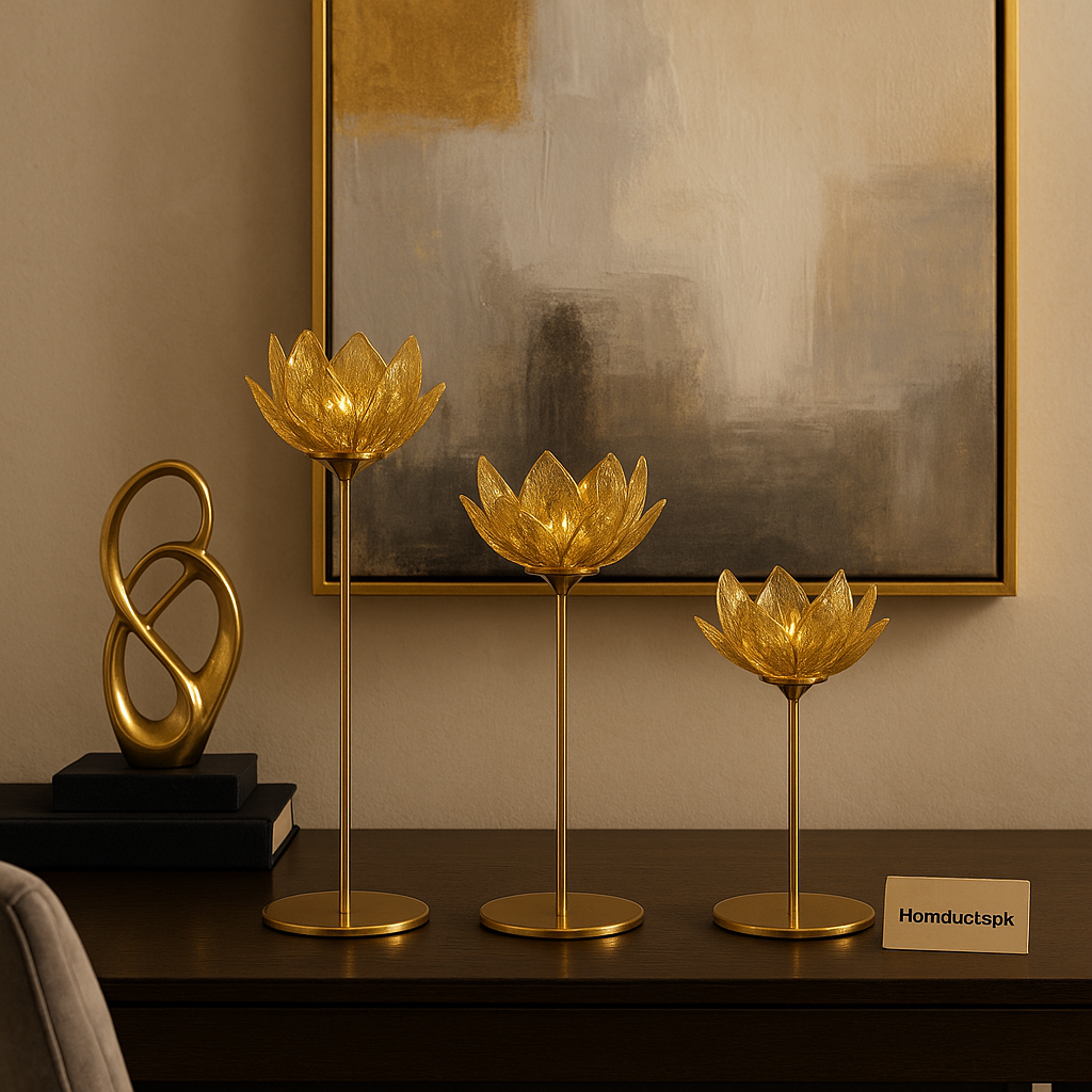 Luxury Golden Lotus Crystal Candle Stand Set – Elegant Home Décor | 3-Piece Premium Candle Holder Collection