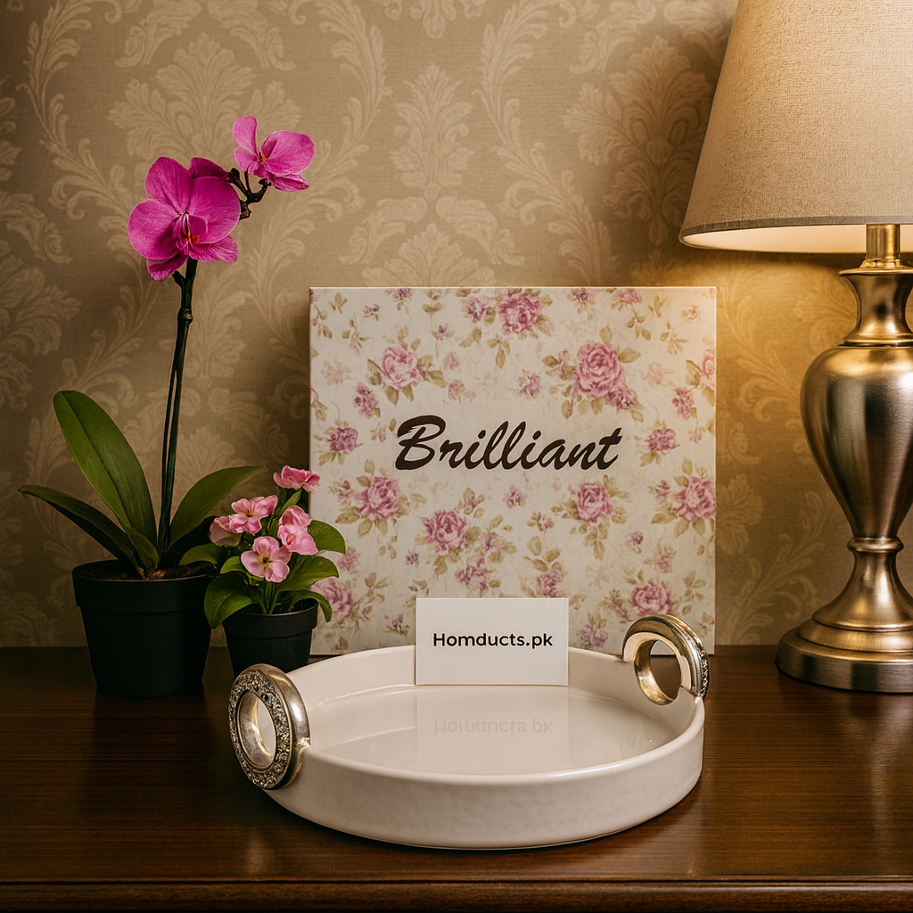 Brilliant Luxury Round Serving Tray – Premium Ceramic Décor Tray with Crystal Handles (27cm)