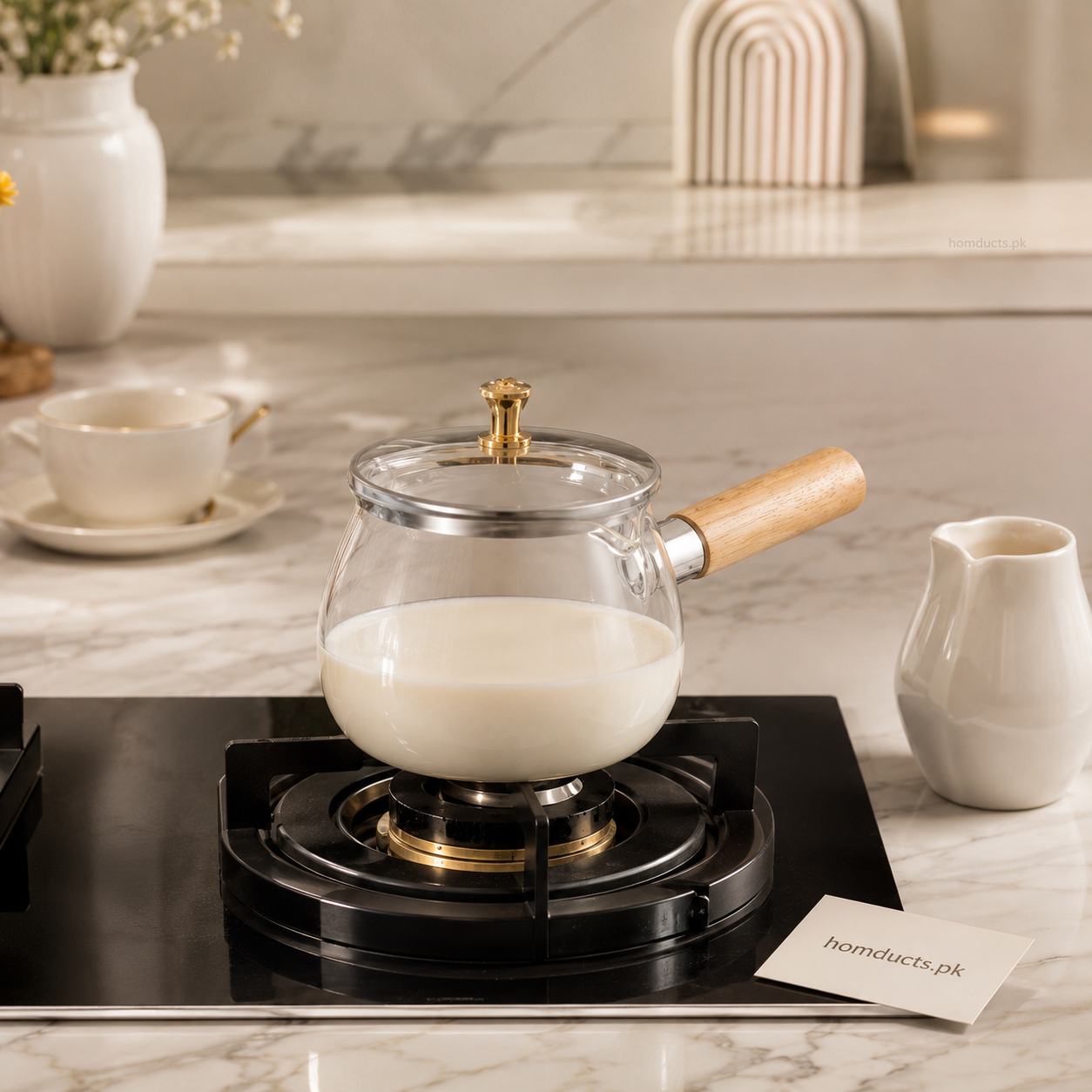 800ml Glass Milk Pan with Wooden Handle & Lid – Premium Single-Handle Saucepan