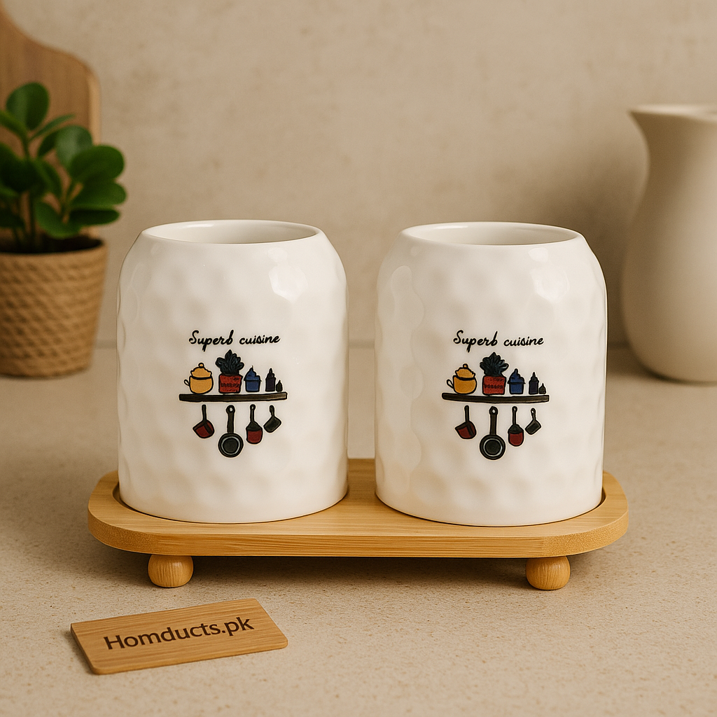 Superb Cuisine Ceramic Utensil Holder Set with Bamboo Base – Double Jar Kitchen Organizer