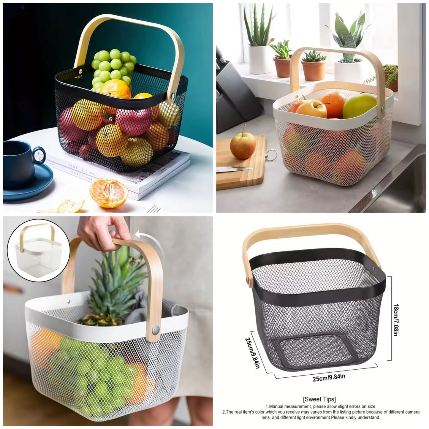 Modern Metal Mesh Fruit Basket with Wooden Handle – Stylish Kitchen Counter Storage for Fruits and Vegetables