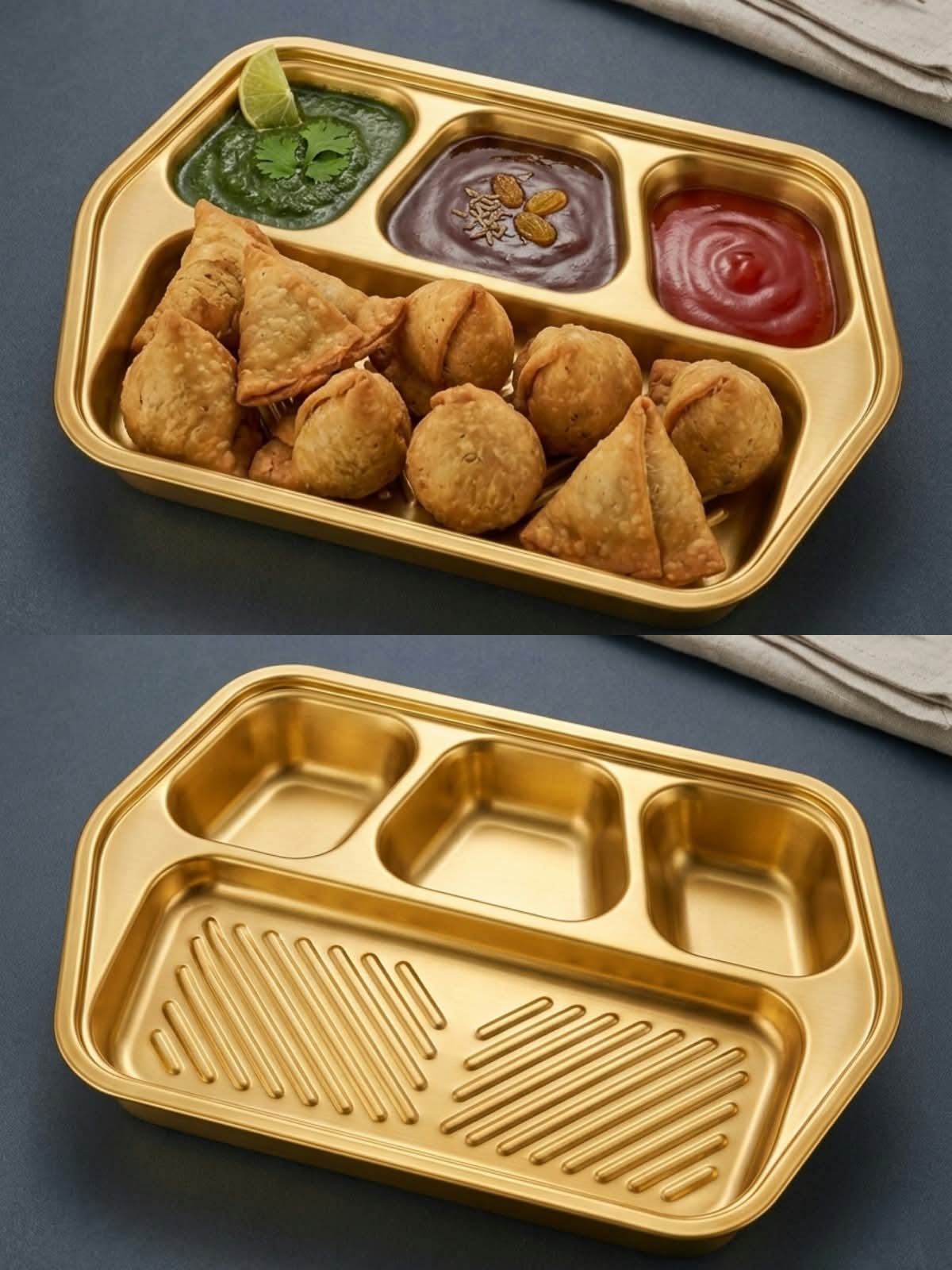 Golden Stainless Steel Divided Serving Tray – 23 × 16cm