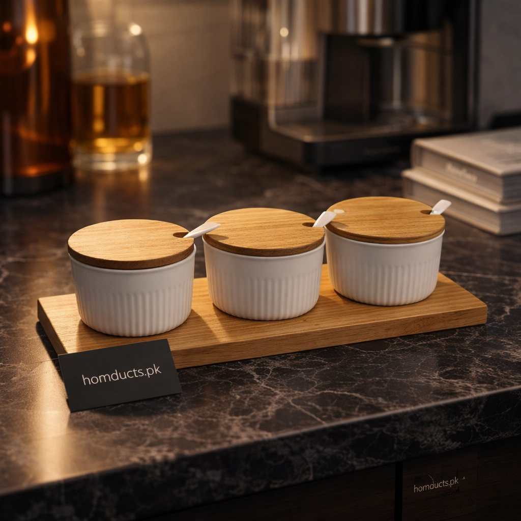 Dany Home Premium 3-Piece Ceramic Condiment Jar Set with Wooden Lid & Tray