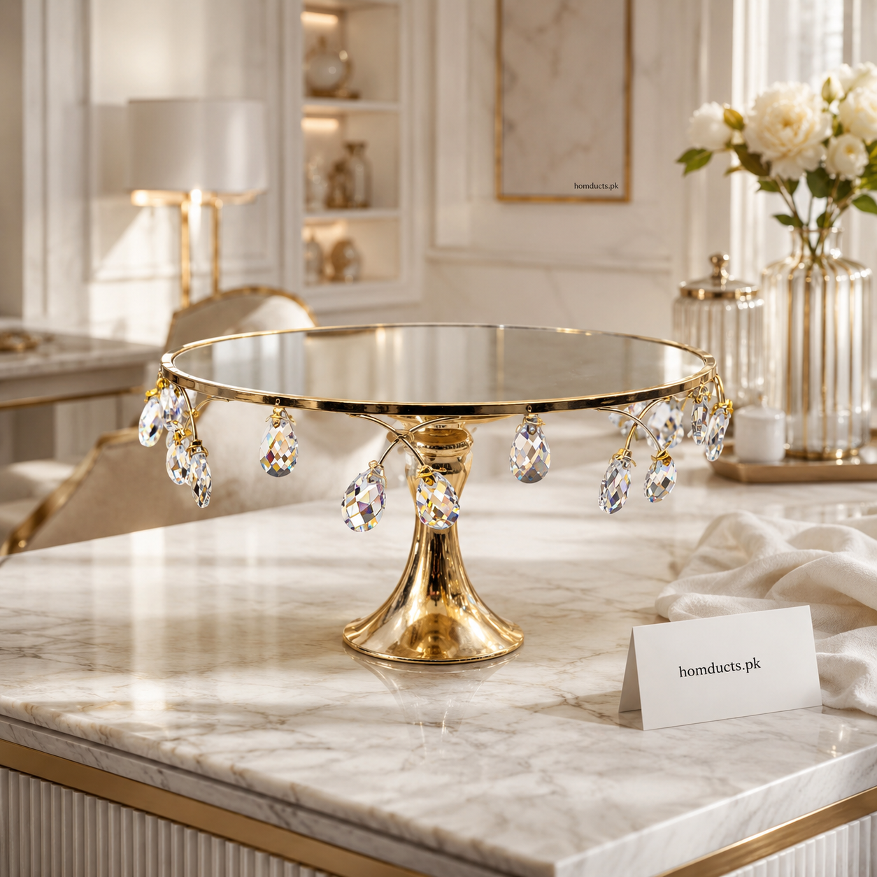 Luxury Crystal Hanging Cake Stand – Gold Metal Dessert Display Tray for Weddings & Parties