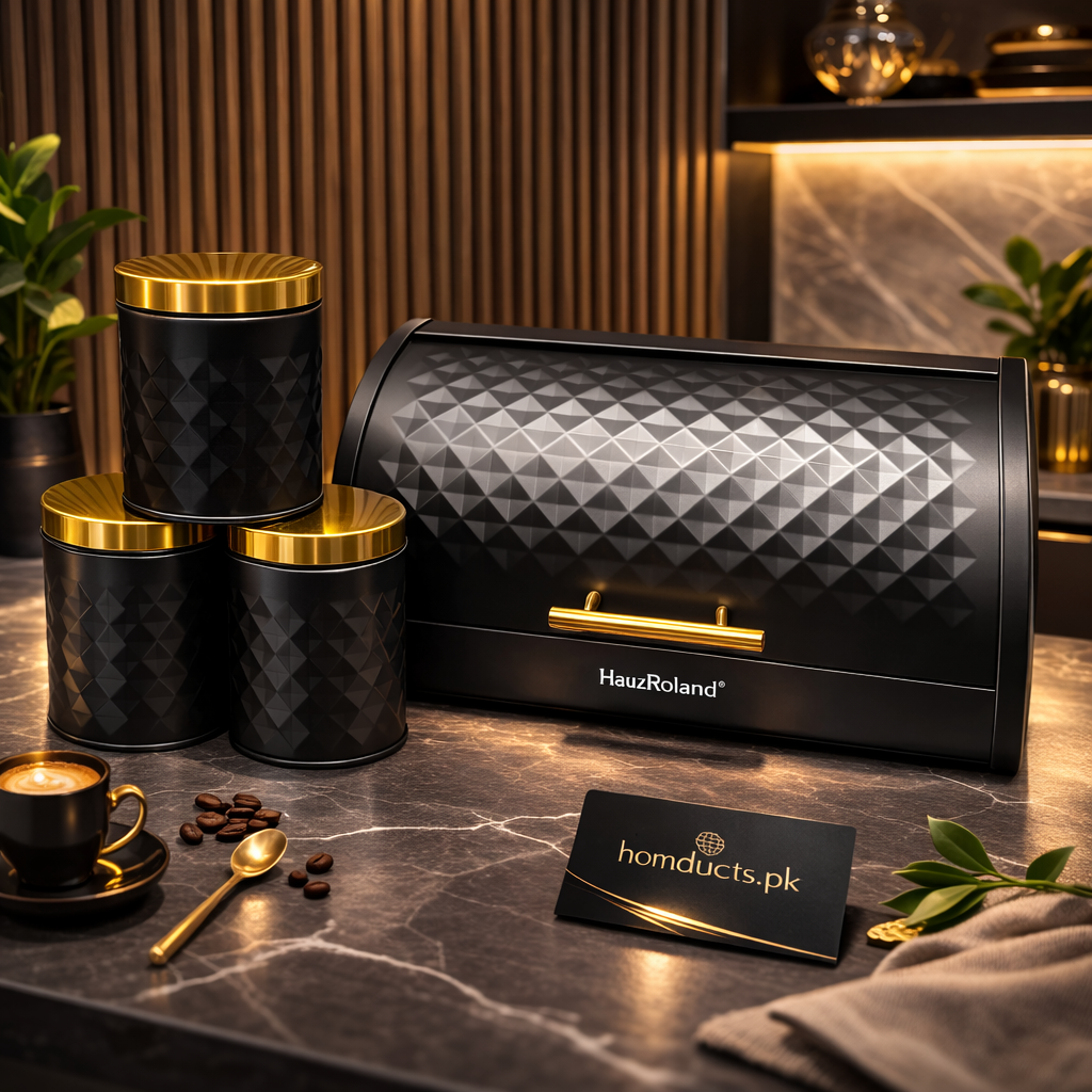 Luxury Geometric Bread Box & Kitchen Canister Set – Premium Metal Bread Storage with Airtight Containers