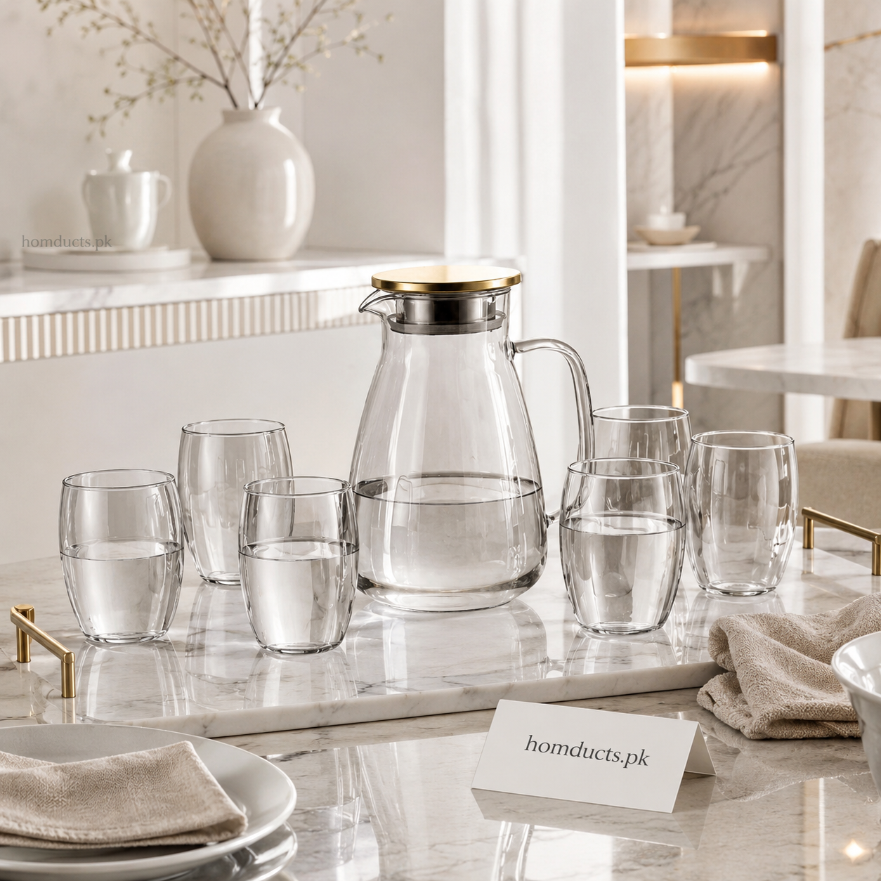 Luxury Glass Water Jug & Tumbler Set with Golden Lid – 7 Pcs Premium Drinkware Set