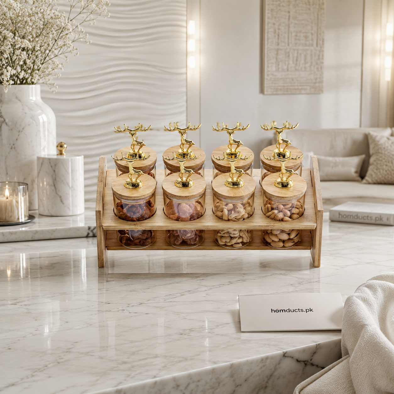 Luxury 8-Piece Glass Jar Storage Set with Wooden Rack & Golden Deer Lids