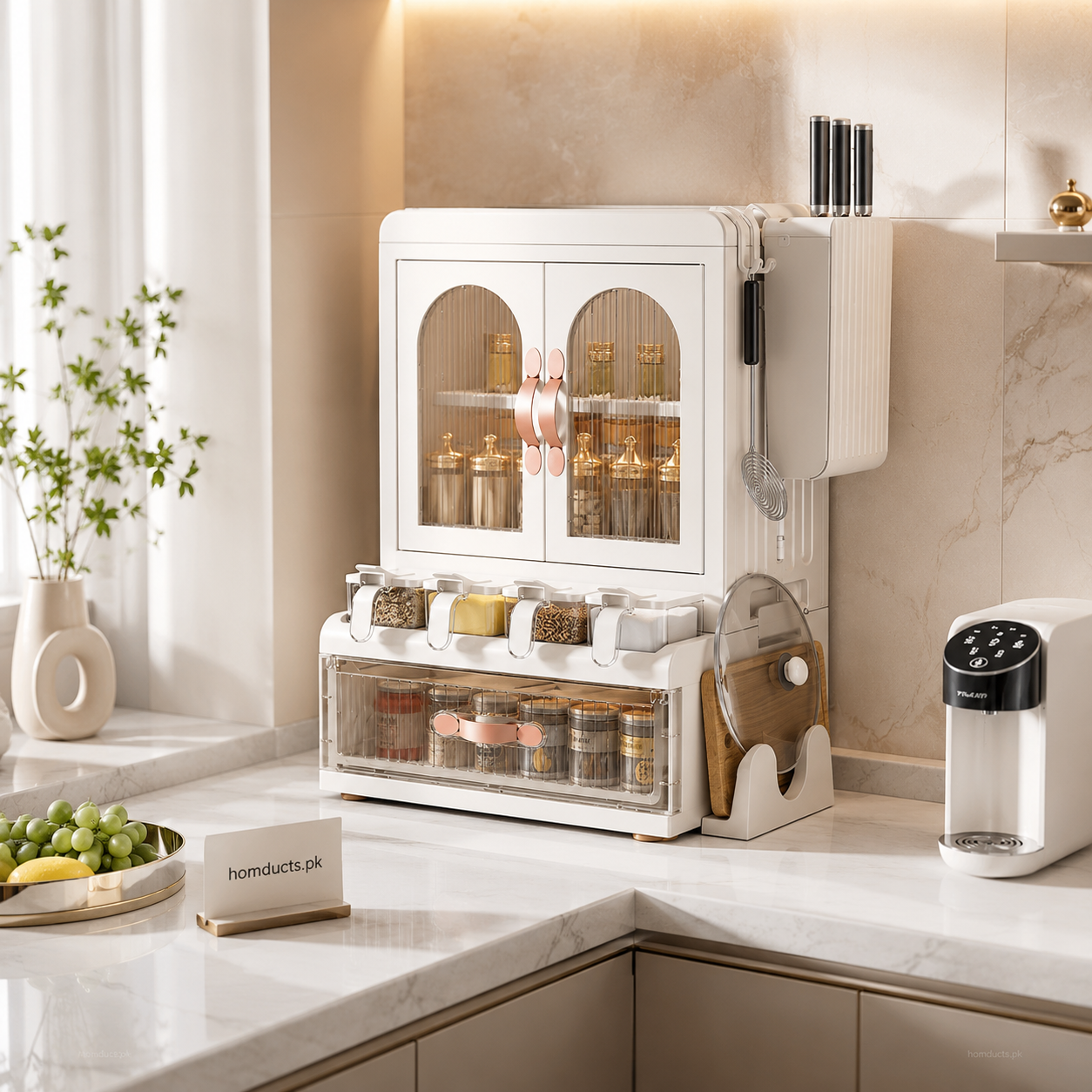 Luxury Multifunctional Kitchen Storage Cabinet & Spice Organizer Rack with Drawer, Knife Holder & Cutting Board Stand