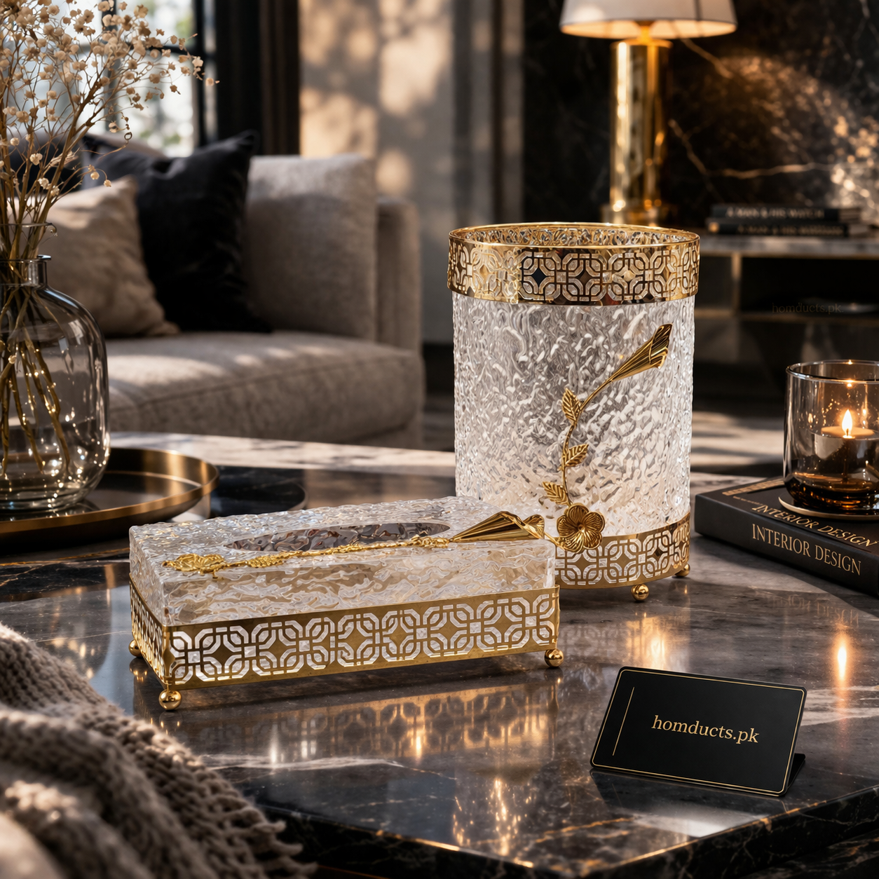 Luxury Crystal Glass Tissue Box & Matching Storage Jar Set – Elegant Gold Decor Organizer