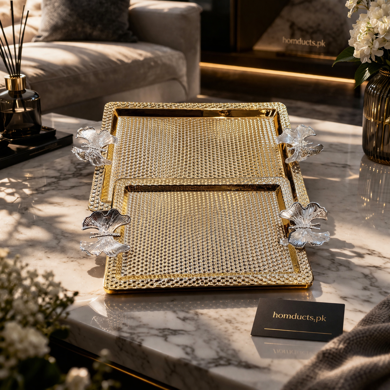 Luxury Crystal-Textured Gold Serving Tray Set with Butterfly Handles – 2 Pcs Decorative Table Display