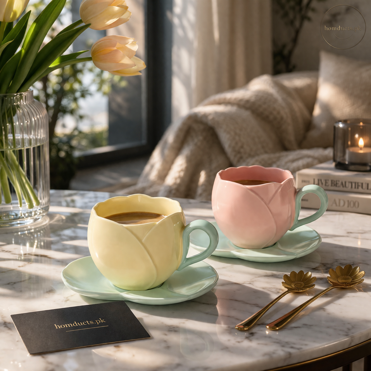 Luxury Tulip-Shaped Ceramic Tea Cup with Leaf Saucer – 1 Piece