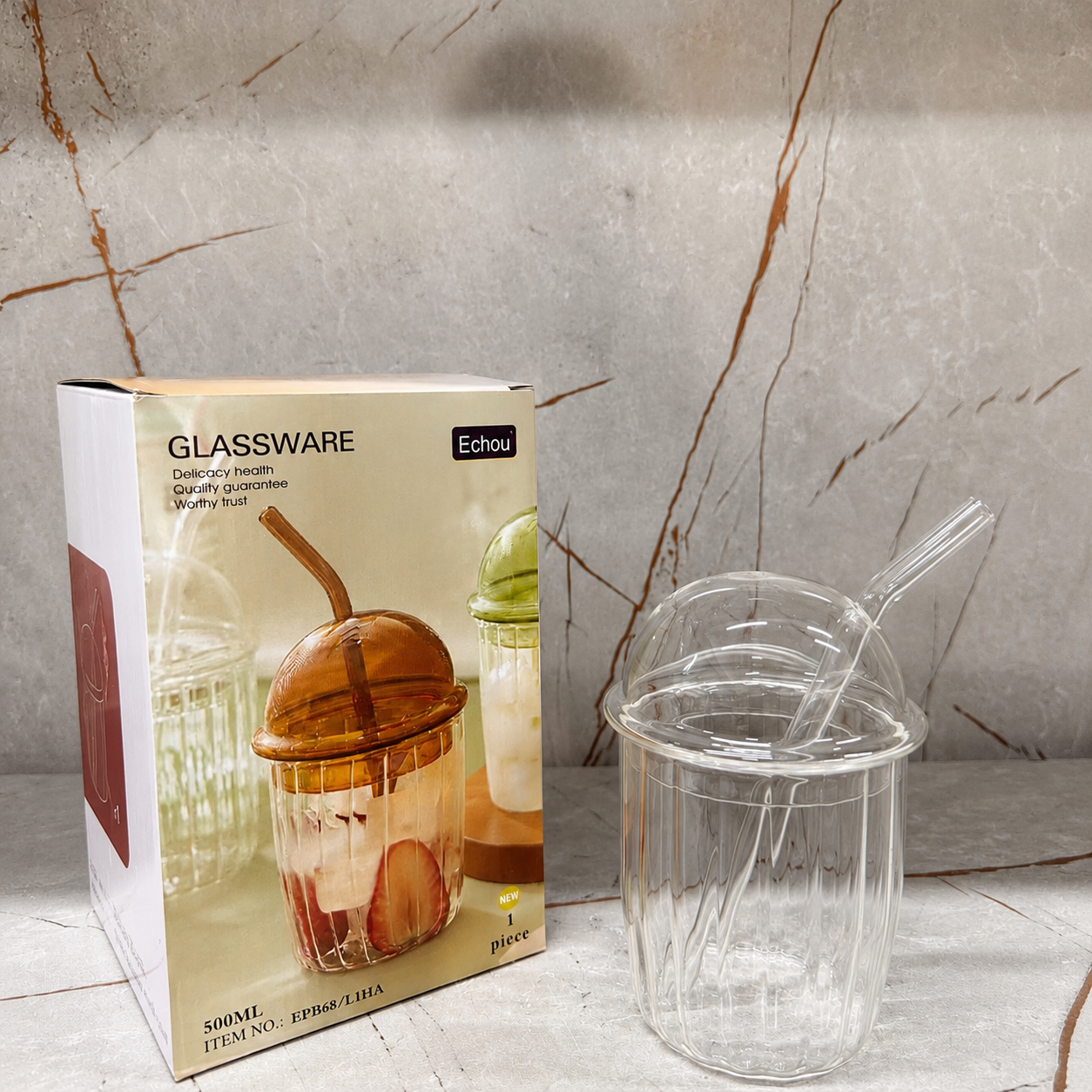 Aesthetic Glass Drinking Tumbler with Dome Cover – Single Piece