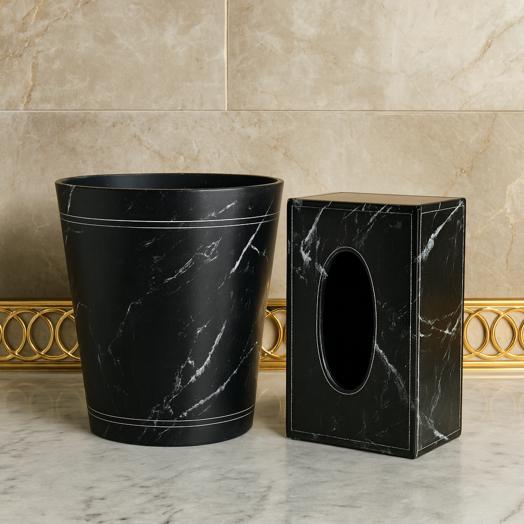 Luxury Black Marble Bathroom Accessories Set – Tissue Box Cover & Waste Bin (2-Piece)