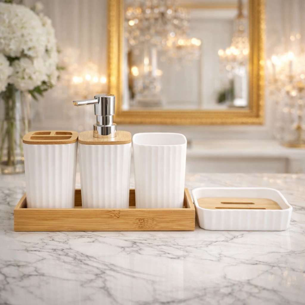 Luxury Ribbed Bathroom Accessories Set with Bamboo Tray – 5-Piece Modern Bathroom Organizer