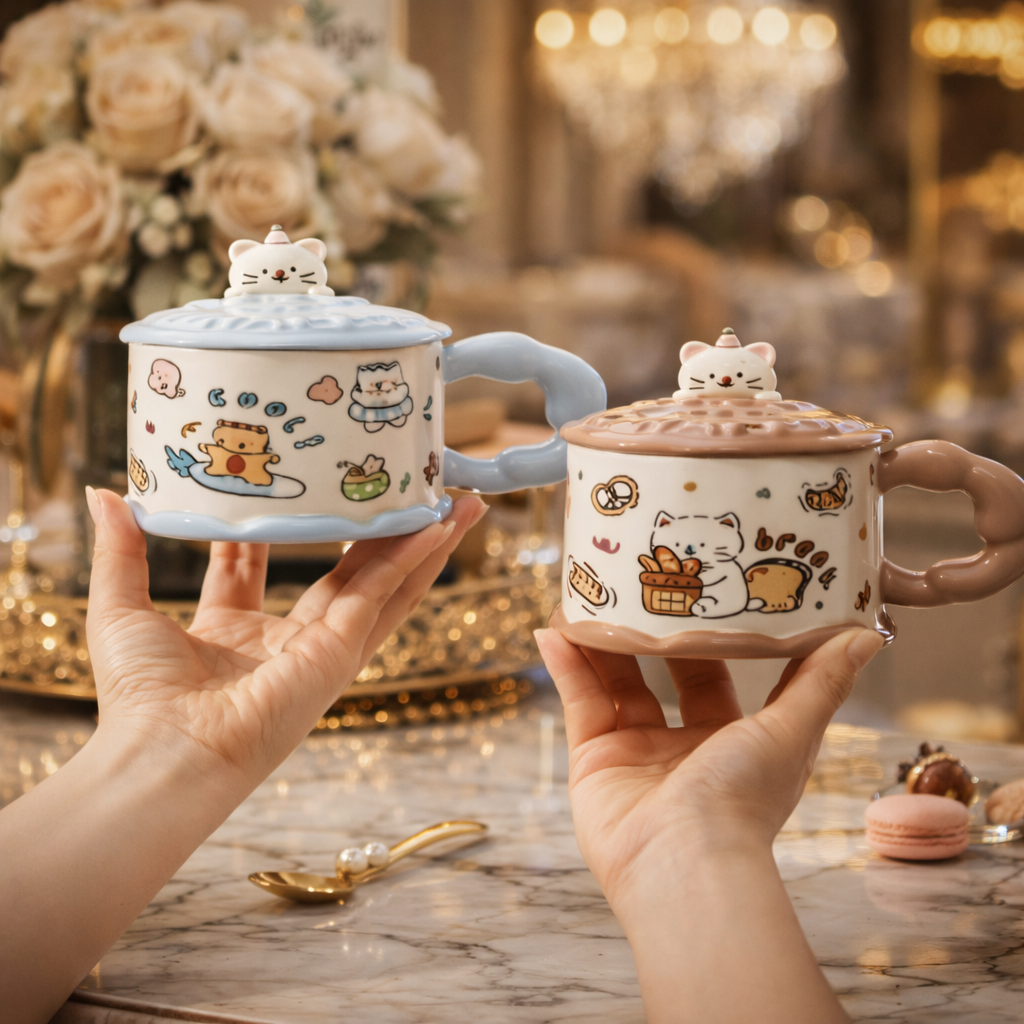 Cute Cat Lid Ceramic Mug – Premium Cartoon Design