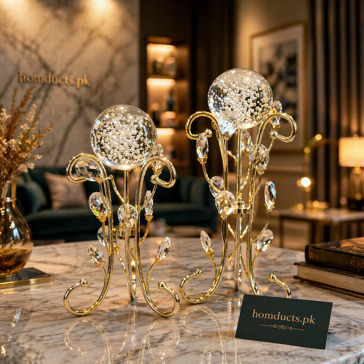 Luxury Crystal Orb Decor Stand – Elegant Glass Globe Sculpture with Crystal Accents (Available in 2 Sizes)