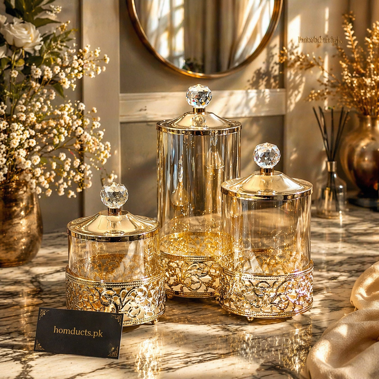 Luxury 3-Piece Crystal Lid Decorative Storage Jar Set – Premium Candy Jars with Metal Base