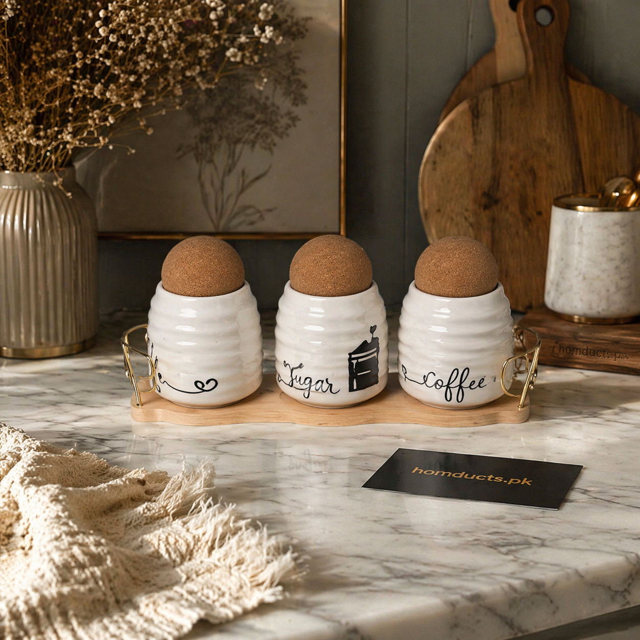 Premium 3 Pcs Ceramic Kitchen Storage Jar Set with Wooden Tray – Tea, Sugar & Coffee Containers