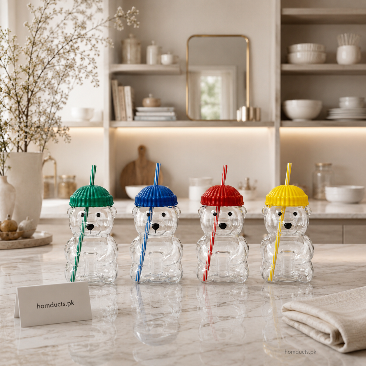 Bear Shape Glass Drinking Cup with Straw & Lid | Cute Teddy Bear Tumbler