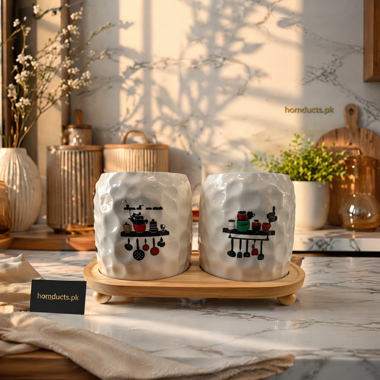 Luxury Dual Ceramic Kitchen Storage Jars Set with Wooden Tray – Airtight Multi-Purpose Countertop Organizer