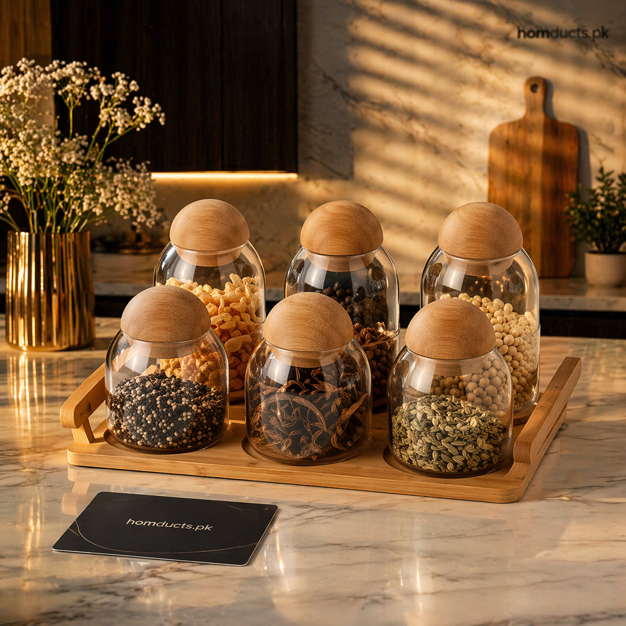 Luxury Glass Spice Jar Set with Wooden Lid & Bamboo Tray – Premium Kitchen Storage Organizer (6 Pieces)