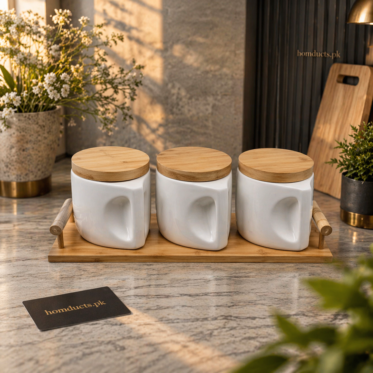 Luxury Ceramic Kitchen Storage Jar Set with Bamboo Lids & Wooden Tray – Airtight Spice, Sugar & Coffee Containers (3 Pcs Set)