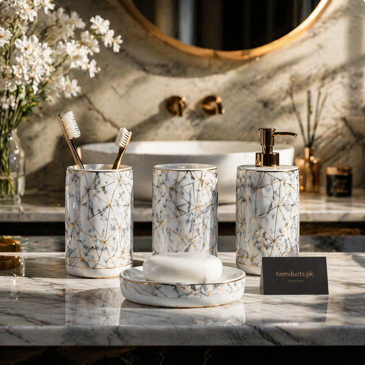Luxury Marble Style 4-Piece Bathroom Accessories Set – Soap Dispenser, Toothbrush Holder, Tumbler & Soap Dish