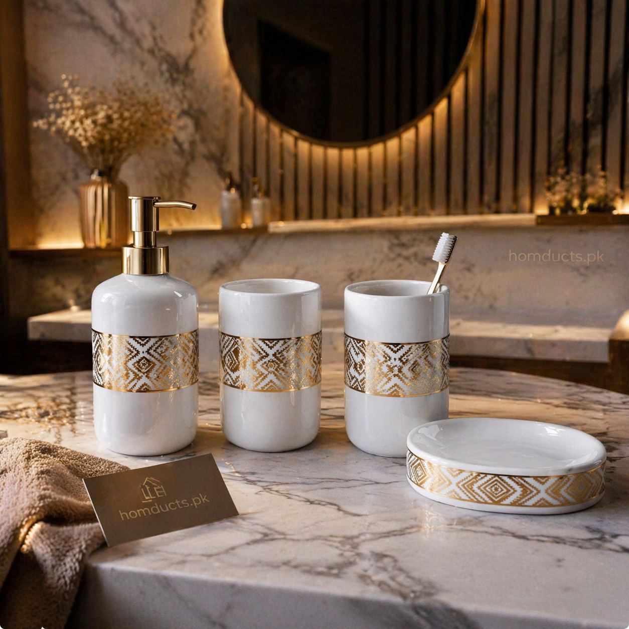 Luxury 4 Pcs Ceramic Bathroom Accessories Set with Gold Pattern – Soap Dispenser, Toothbrush Holder, Tumbler & Soap Dish