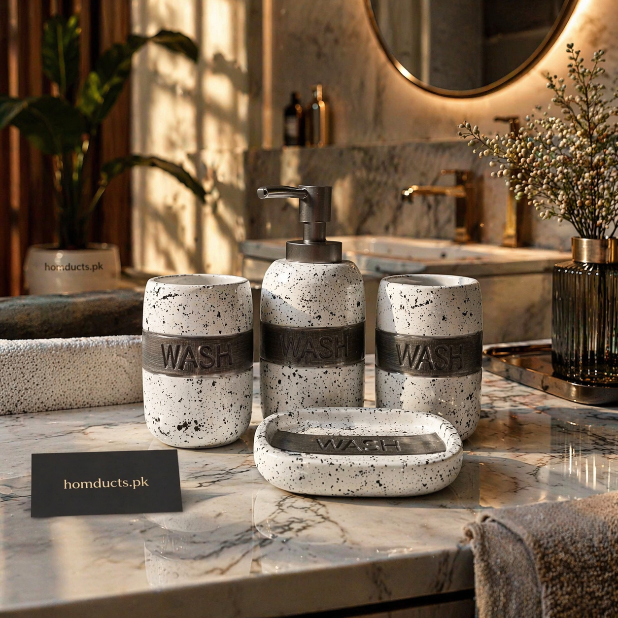 Premium 4-Piece Speckled Ceramic Bathroom Accessories Set with Soap Dispenser, Toothbrush Holder & Soap Dish