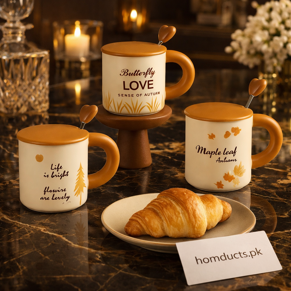 Luxury Autumn Ceramic Mug with Lid & Heart Spoon – 1 PC | Homducts.pk