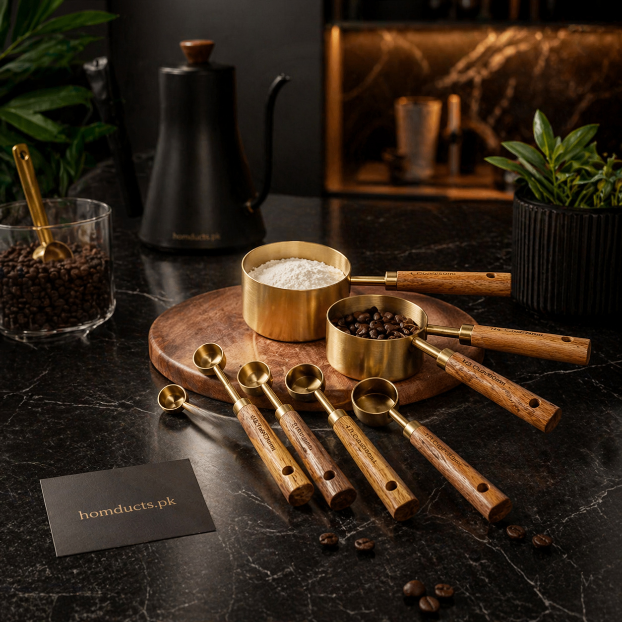 Premium Brass Measuring Cup Set with Wooden Handle – Multi Size Kitchen Measuring Cups