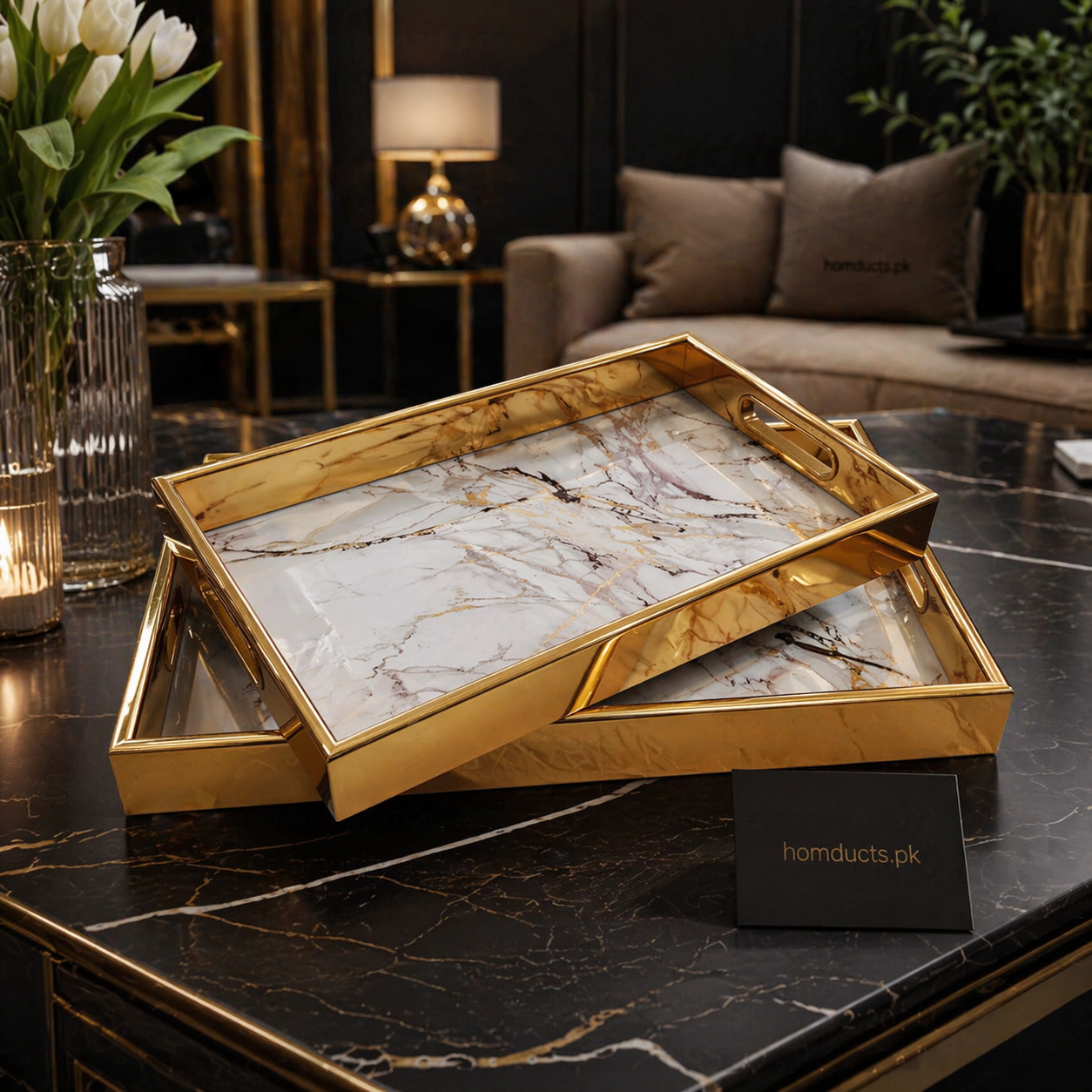 Premium Marble Finish Serving Tray Set – 2 Piece Luxury Decorative & Serving Trays with Metal Handles