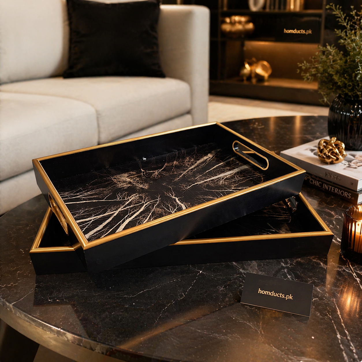 Premium Marble Pattern Serving Tray Set with Metal Handles – 2 Pieces Luxury Organizer