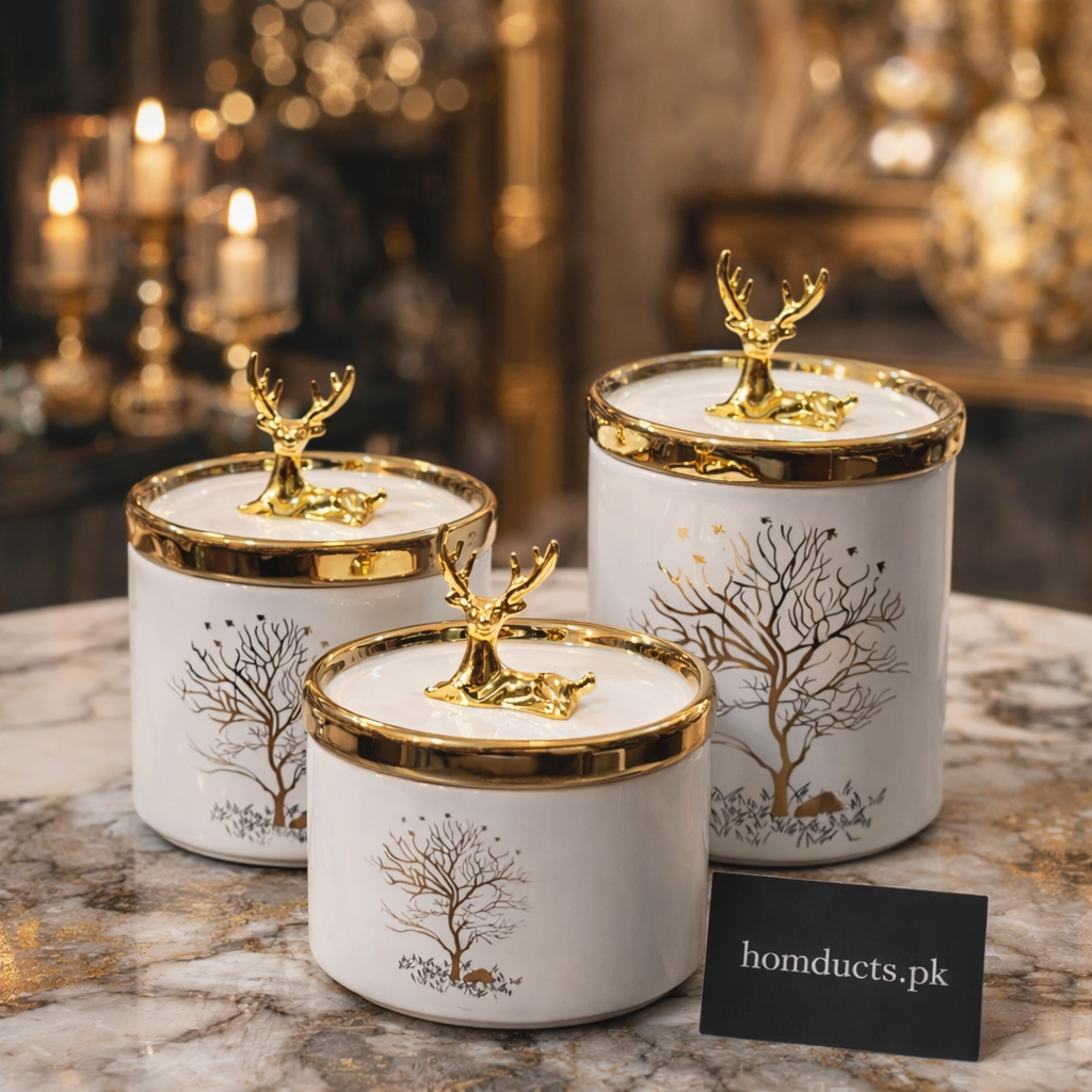 Luxury White Ceramic Storage Jars Set with Golden Deer Lid – Premium Home Décor Containers (Set of 3)
