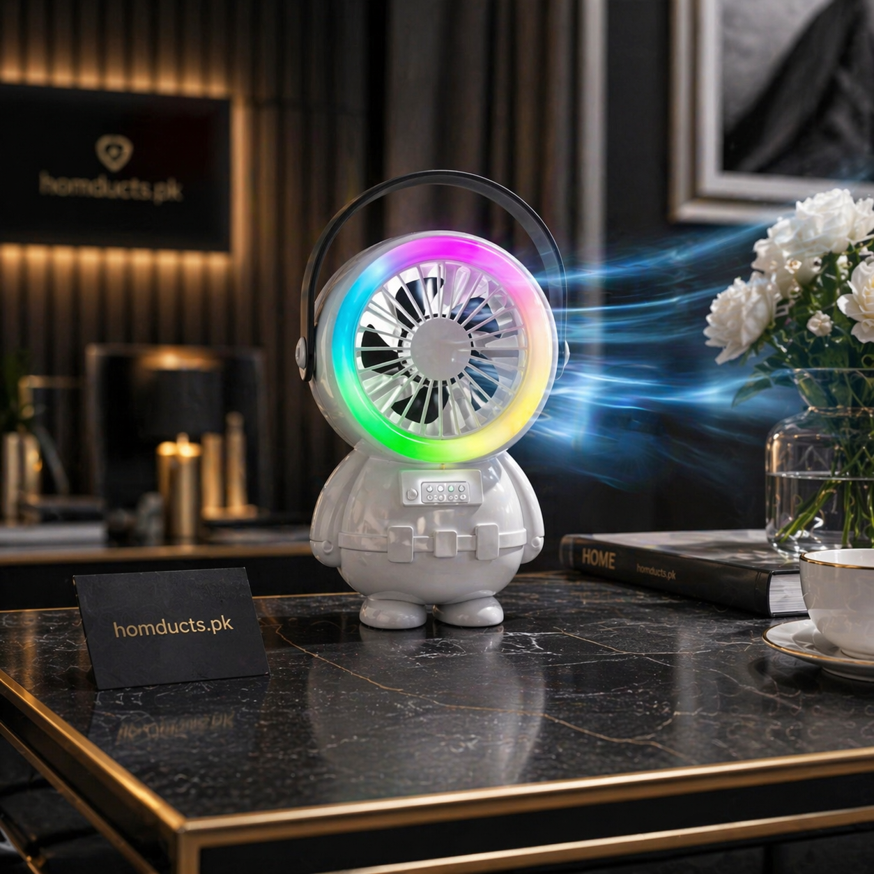Luxury Astronaut RGB Rechargeable Mini Fan – Portable Quiet Cooling Desk & Handheld Fan