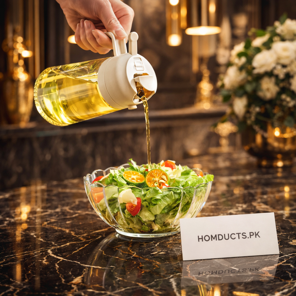 Close view of the oil dispenser pouring spout in use over salad