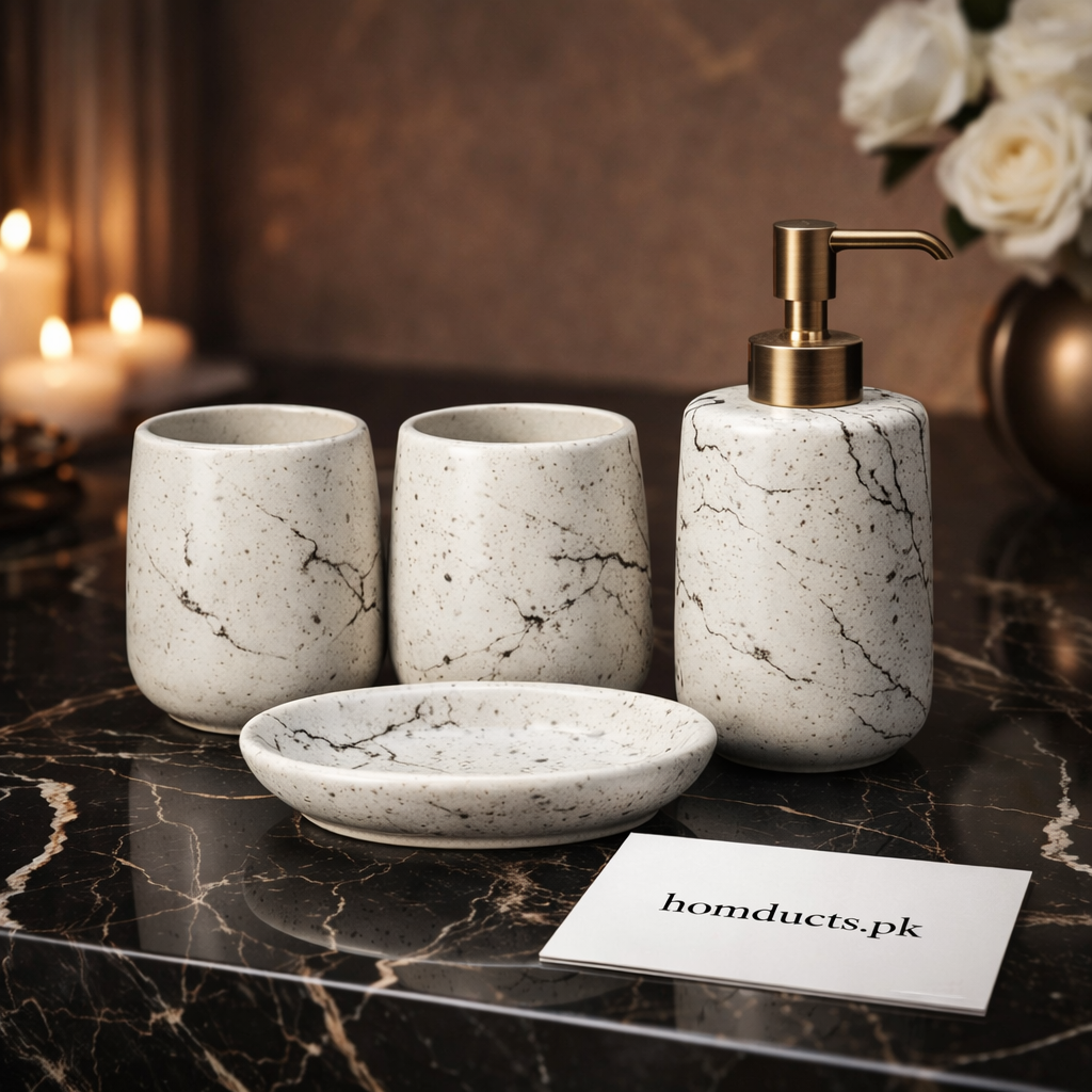 Luxury Speckled Ceramic Bathroom Accessories Set – 4-Piece Modern Countertop Set | Homducts.pk