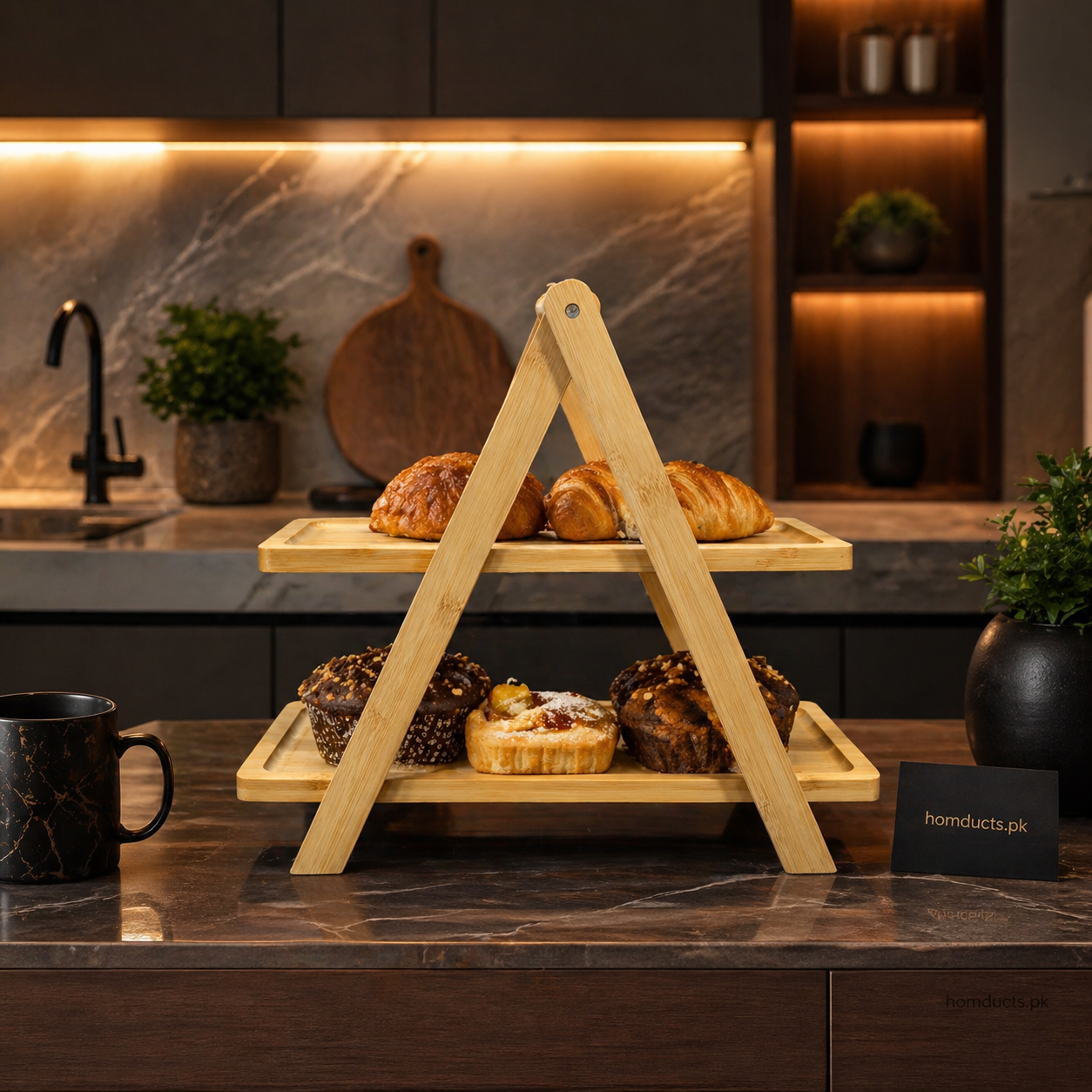 Premium Foldable 2-Tier Wooden Serving Stand – Kitchen Counter Organizer & Display Rack