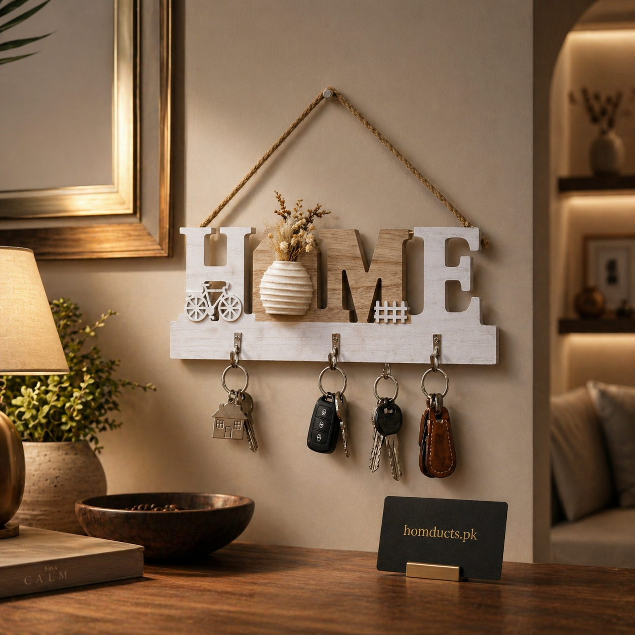 Premium Wooden “Home” Wall Key Holder with Decorative Hanging Hooks