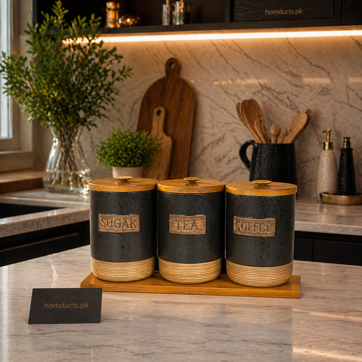 Premium 3-Piece Kitchen Storage Canister Set with Wooden Lid & Tray (Sugar Tea Coffee Jars)