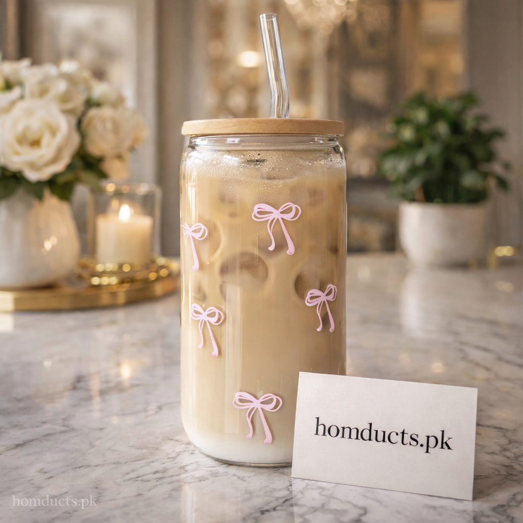 Luxury Glass Tumbler with Bamboo Lid & Reusable Glass Straw – Aesthetic Bow Design | Homducts.pk