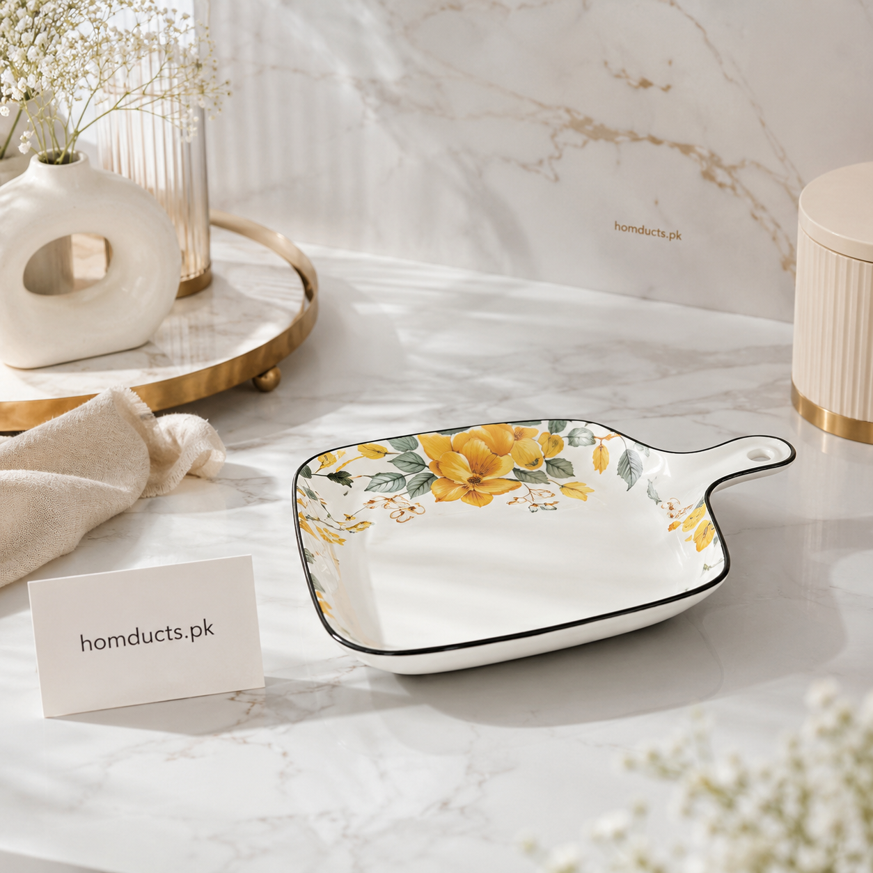 Brilliant 9 Inch Floral Square Ceramic Serving Platter with Handle | Premium Serving Dish