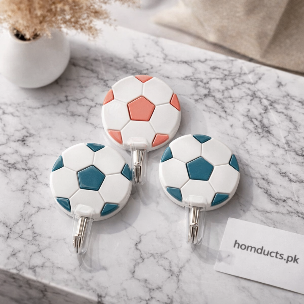 Football Design Self-Adhesive Wall Hooks (Pack of 3) – Strong No-Drill Hooks