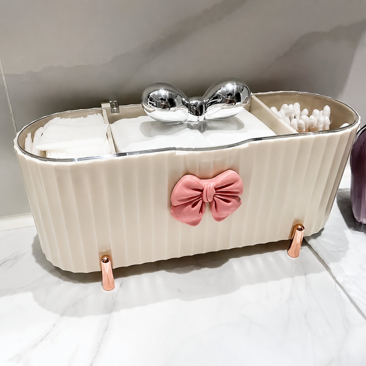 Premium Multi-Section Cosmetic Organizer with Decorative Bow Design